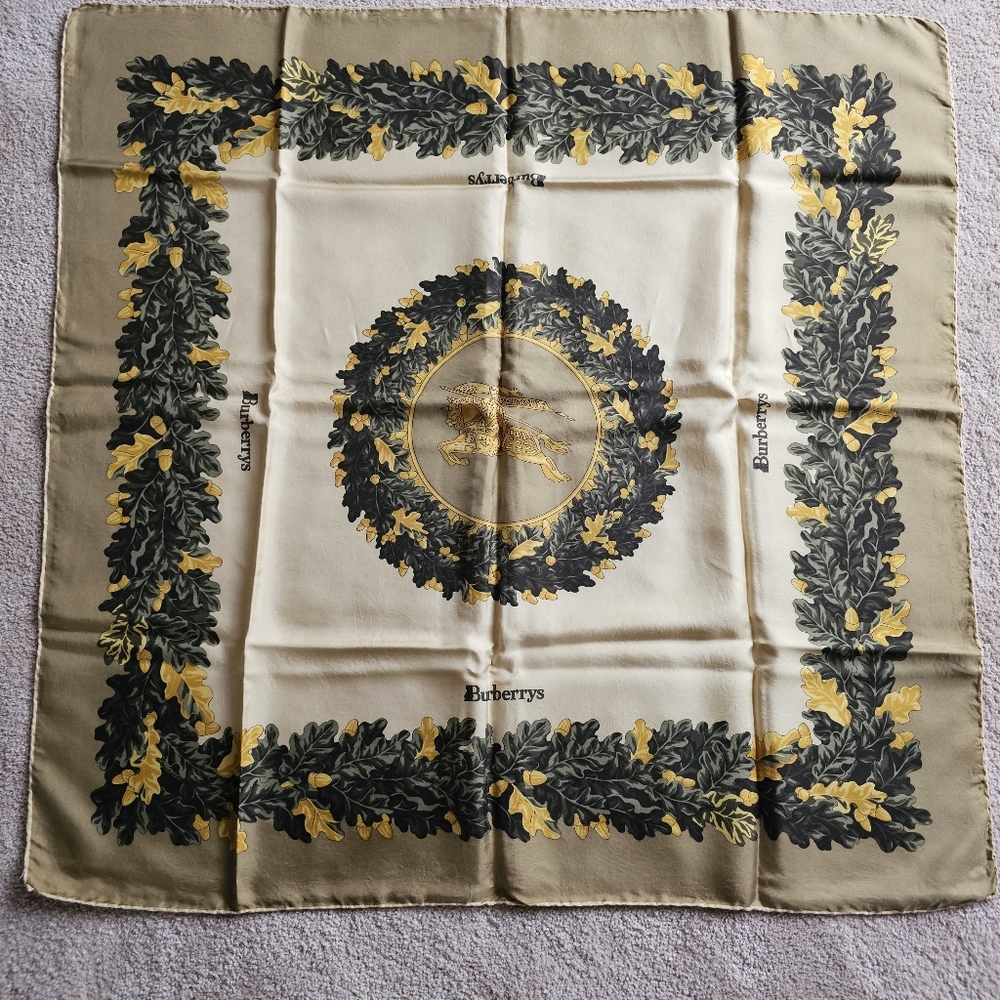 Vintage Burberry Gold & Tan Horse, Leaf $ Acorn Large Scarf